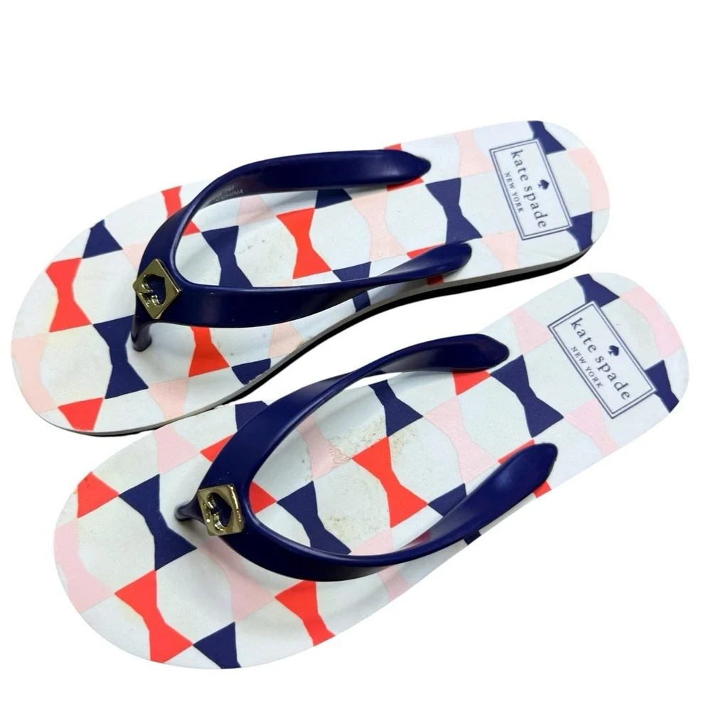 Kate Spade New York Women's Flip Flops Size 7 Blue Printed Thong Sandals